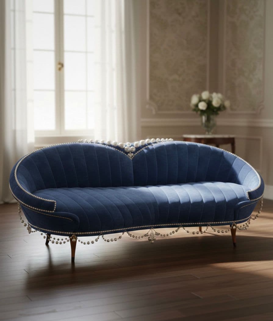 Handcrafted luxury sofa in deep burgundy velvet with tailored tufting, set within a classical interior — bespoke custom furniture by Dervano Studio.