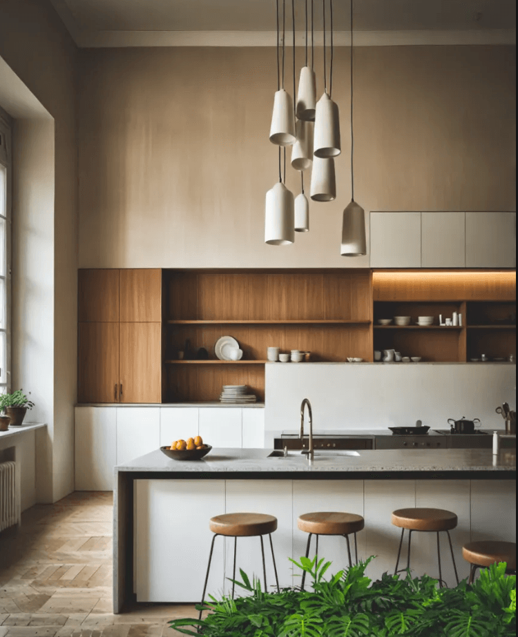 Luxury modern kitchen with central island, pendant lighting, and floor-to-ceiling cabinetry — custom kitchen design and manufacturing by Dervano Studio.