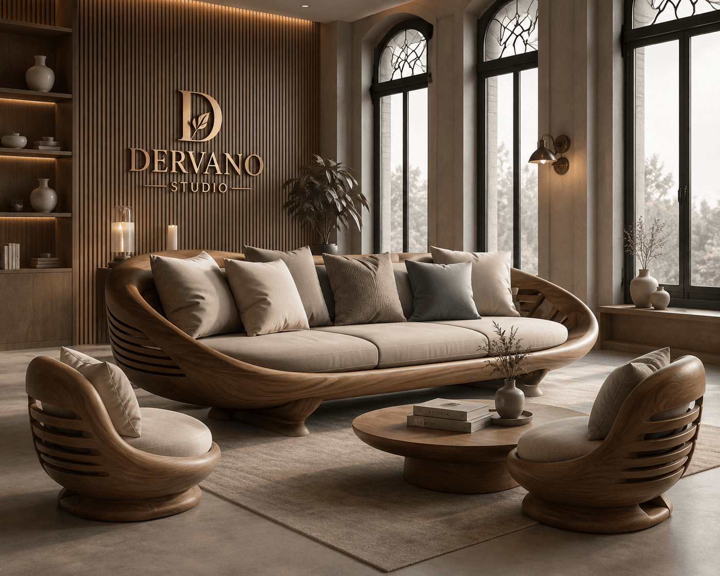 Complete luxury living room interior with custom furniture, wall paneling, and integrated lighting — full interior design and execution by Dervano Studio.