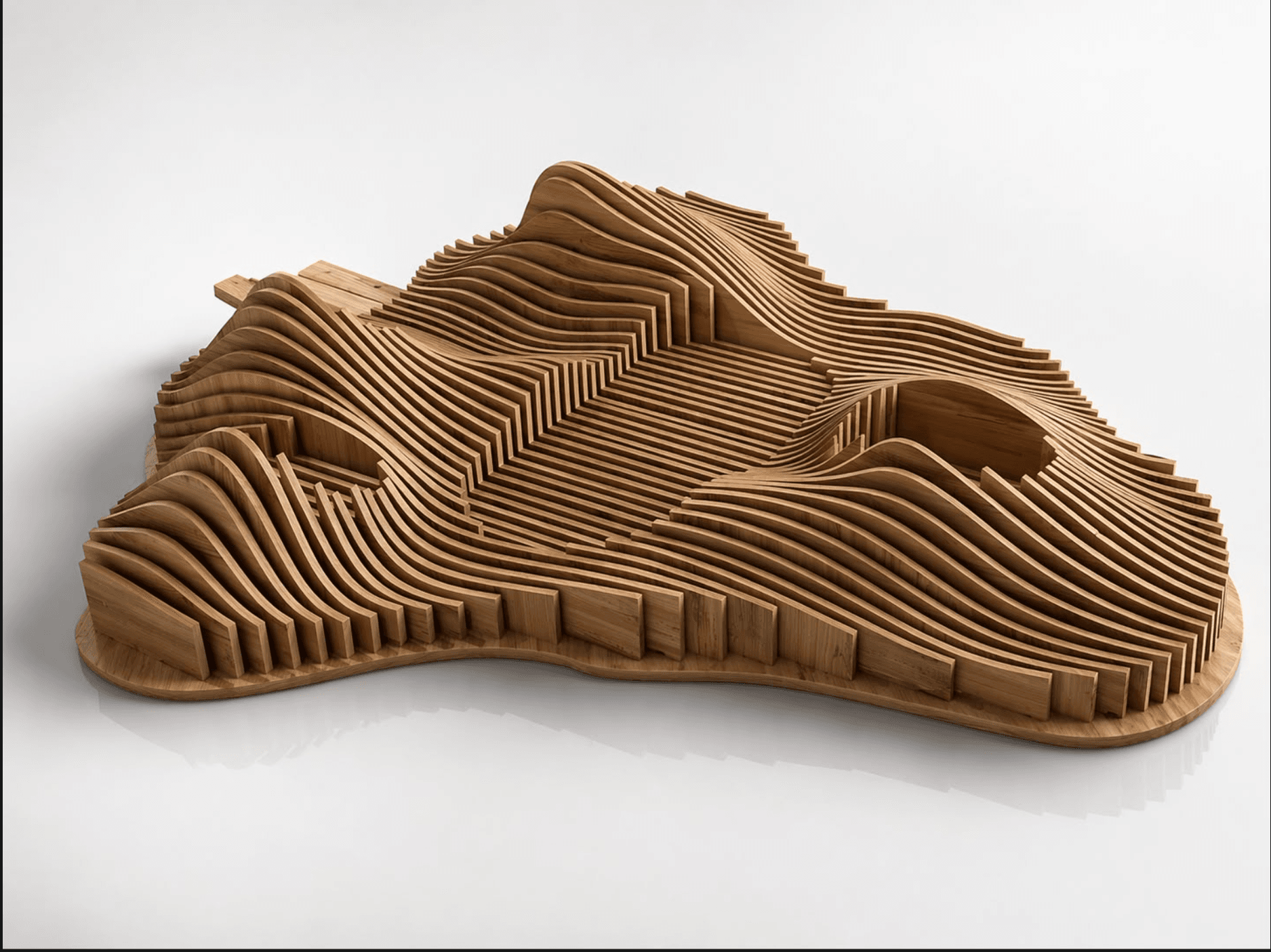 Abstract organic wall relief with flowing curved lines and layered depth — parametric CNC-carved mural blending nature-inspired forms with digital precision by Dervano Studio.