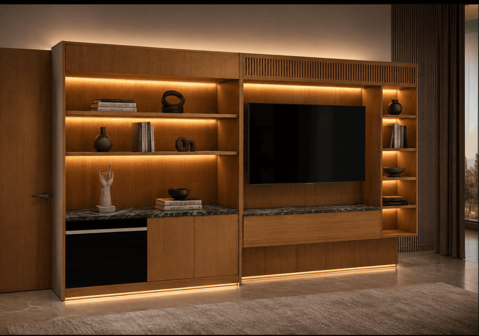 Sleek modern TV wall unit with floating shelves, ambient backlighting, and minimalist storage — custom media wall design by Dervano Studio.