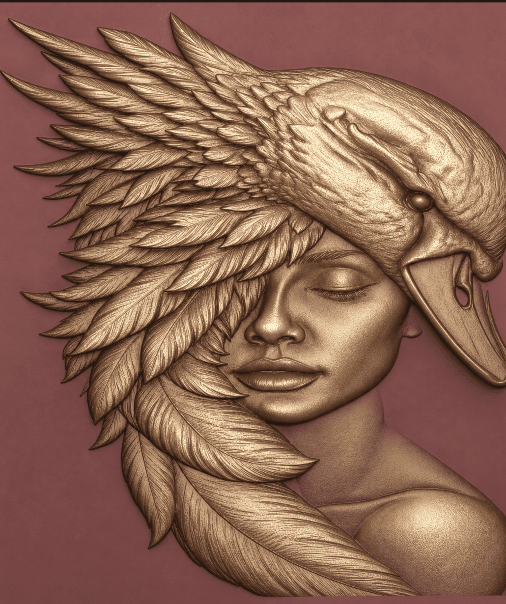Intricate sculptural wall relief of a winged figure with feathered details — artistic CNC-carved mural with dramatic depth and shadow by Dervano Studio.