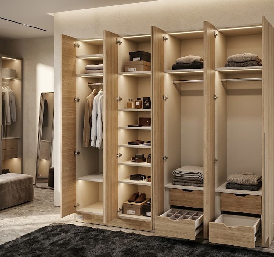 Bespoke walk-in closet with open shelving, glass-front cabinets, and integrated lighting — custom dressing room design and installation by Dervano Studio.