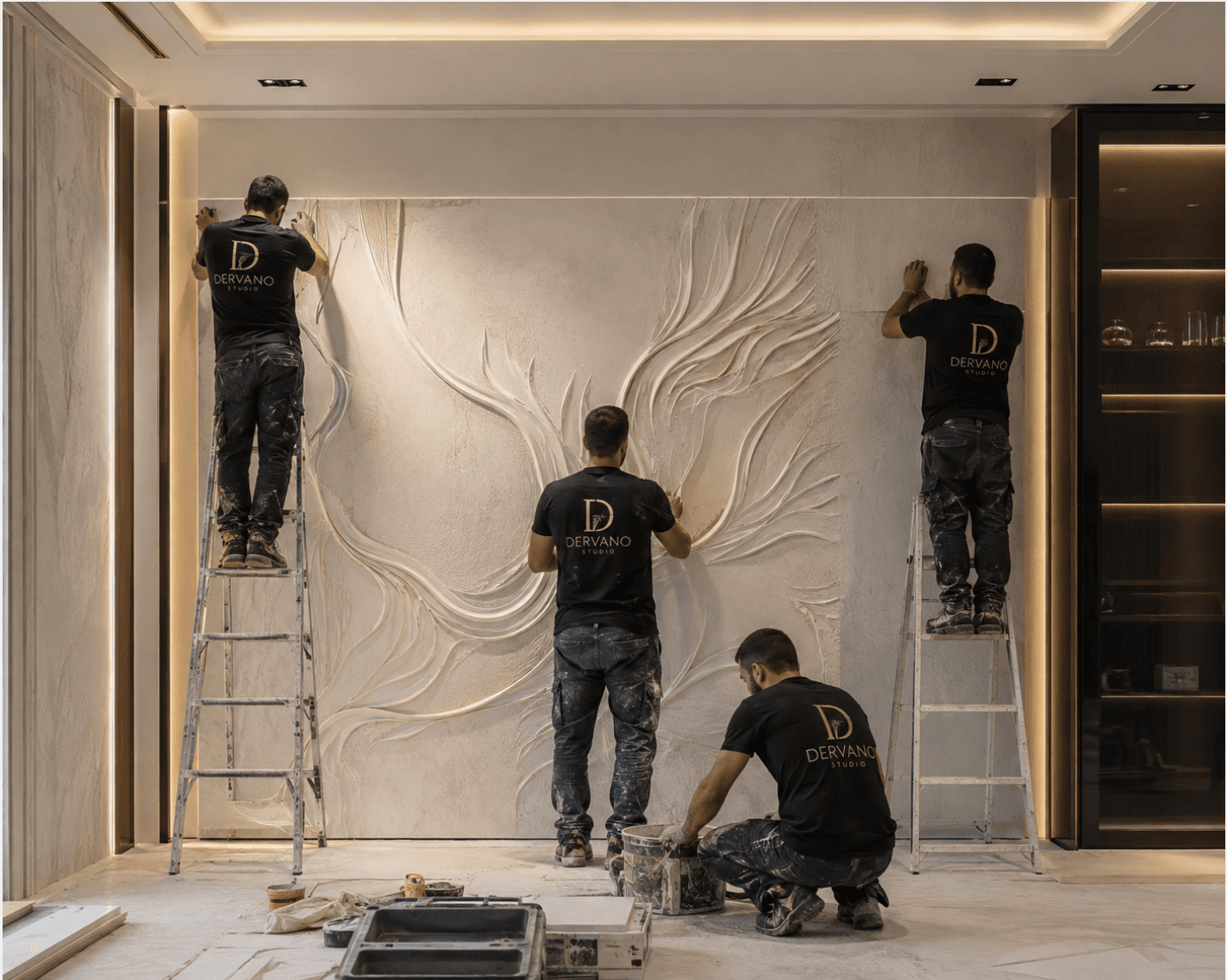 Professional installation crew fitting custom CNC wall panels on site — seamless execution from workshop to finished interior by Dervano Studio.