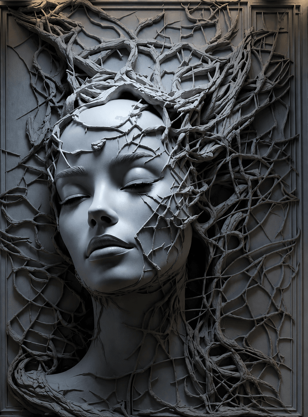 Dark dramatic relief sculpture of a face emerging from cracked textures — contemporary artistic wall mural with extreme surface detail by Dervano Studio.