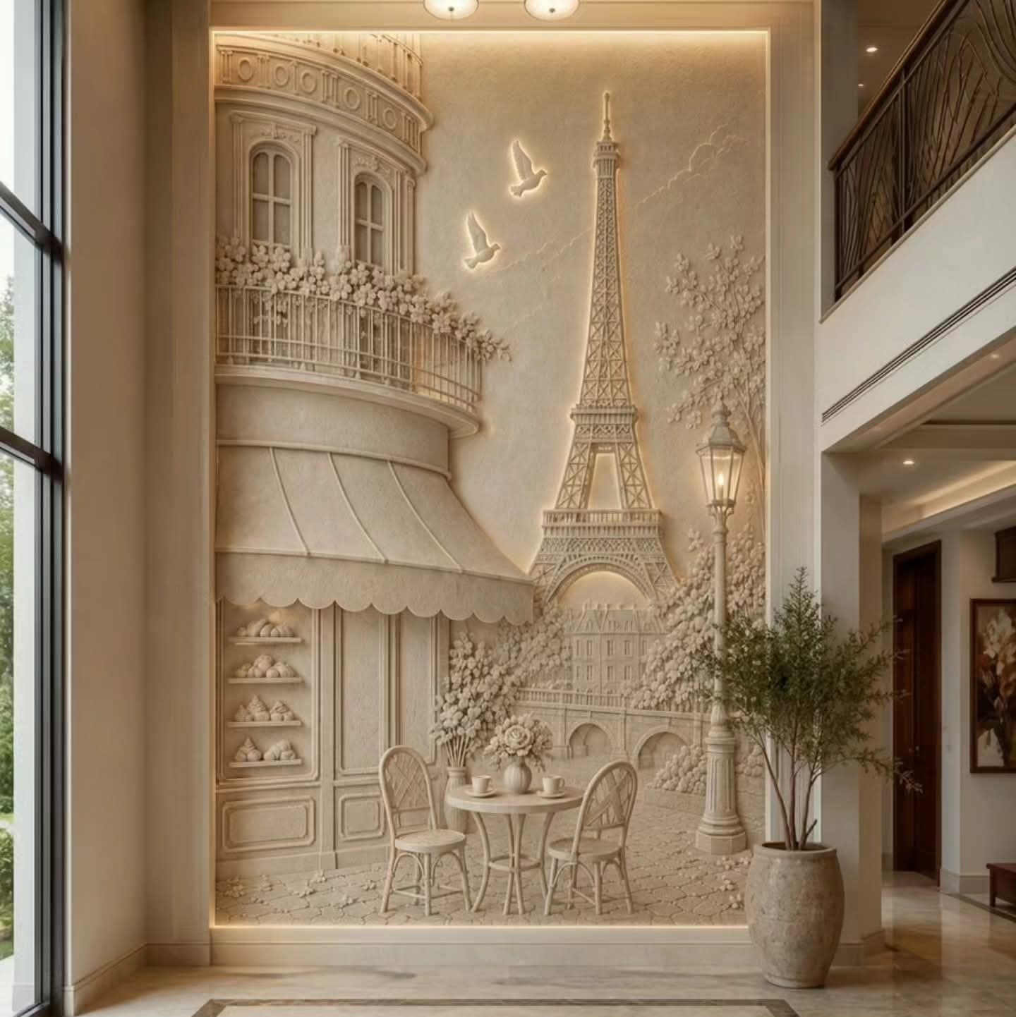 Classical relief wall panel with ornate sculptural details installed in a luxury interior hallway — custom CNC-carved wall art by Dervano Studio.
