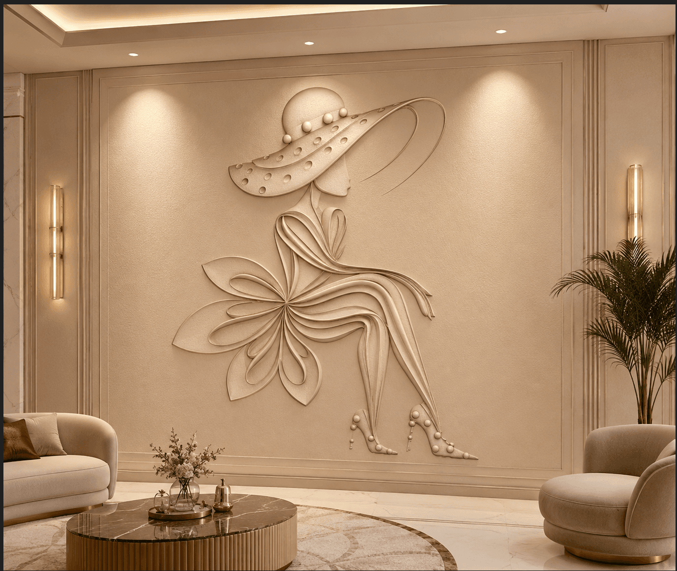 Completed classical relief wall mural installed in a luxury interior — hand-finished bas-relief depicting a historical equestrian scene by Dervano Studio.