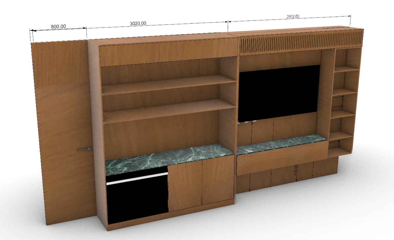 Custom TV unit with fluted wood paneling, integrated storage, and ambient backlighting — luxury media wall design and CNC fabrication by Dervano Studio.