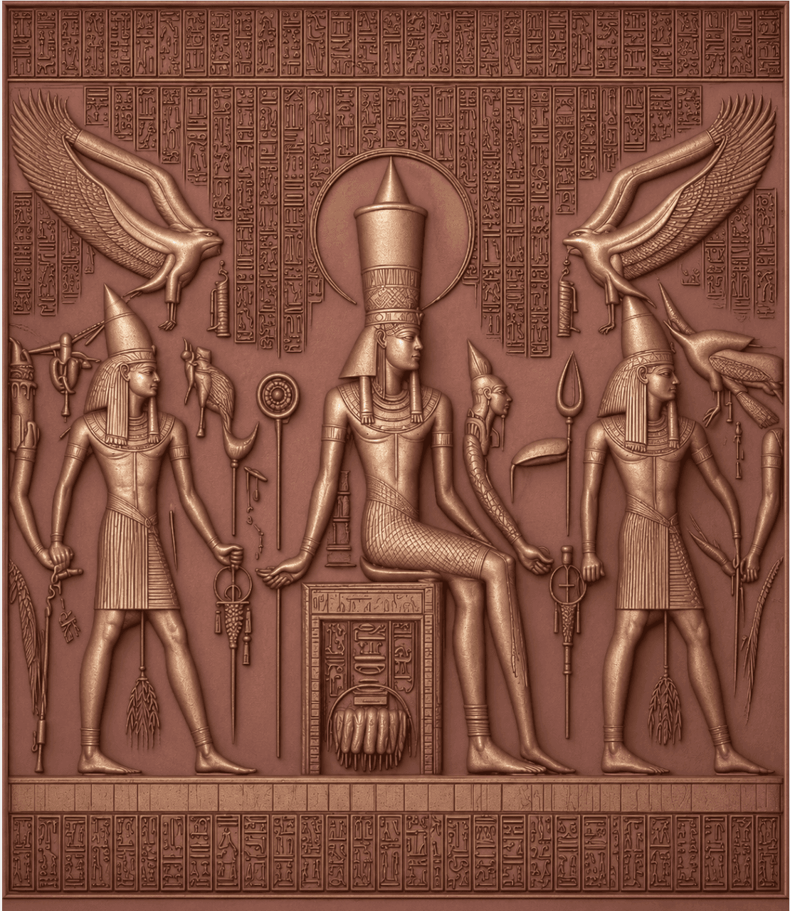 Pharaonic Egyptian-style relief wall panel depicting royal figures and hieroglyphic details — custom historical mural reproduction by Dervano Studio.