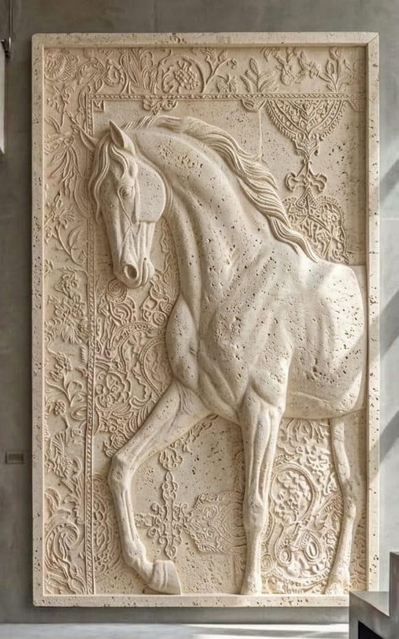 Classical relief panel featuring a horse in motion — traditional sculptural detail combined with modern CNC precision at Dervano Studio.