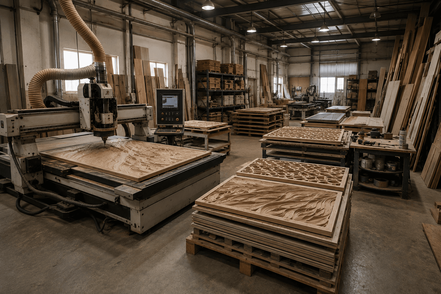Dervano Studio workshop interior with stacks of precision-cut CNC panels ready for finishing and installation.