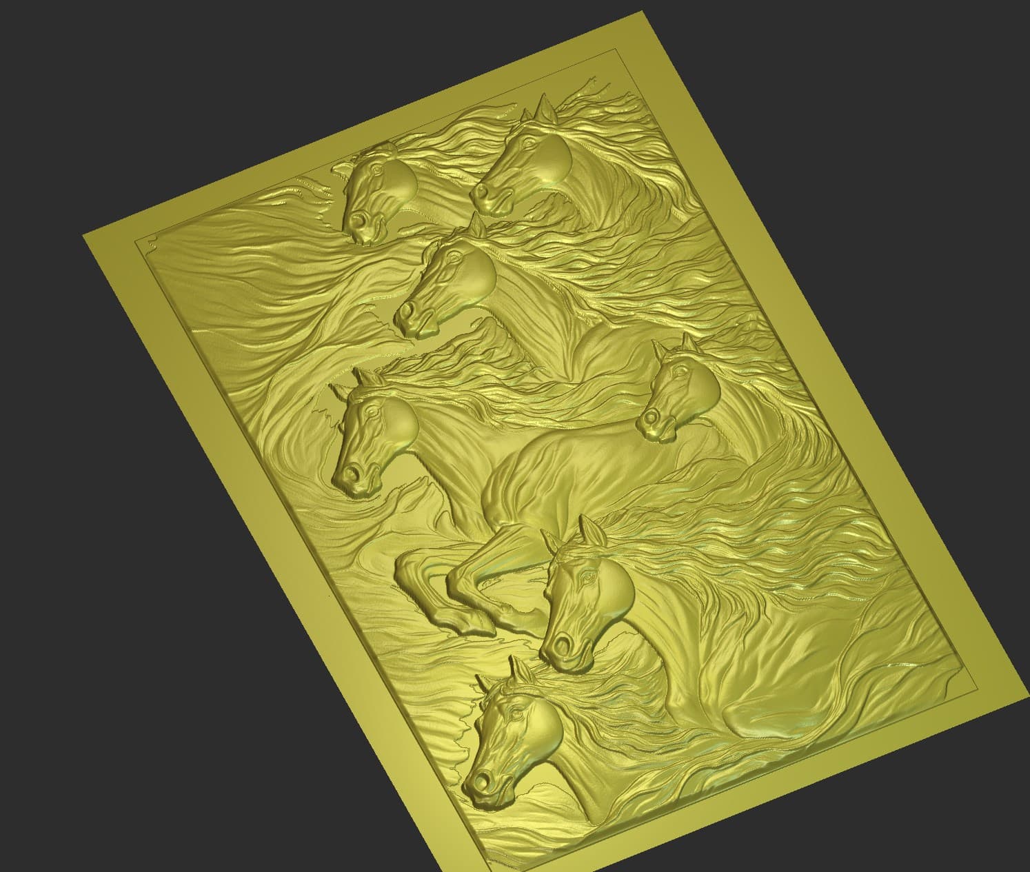 Golden brass relief panel depicting a classical battle scene with horses and warriors — luxury metallic finish wall art by Dervano Studio.